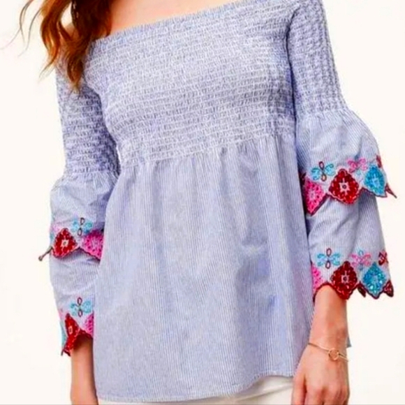 LOFT PLAID OFF SHOULDER TOP - Picture 1 of 5